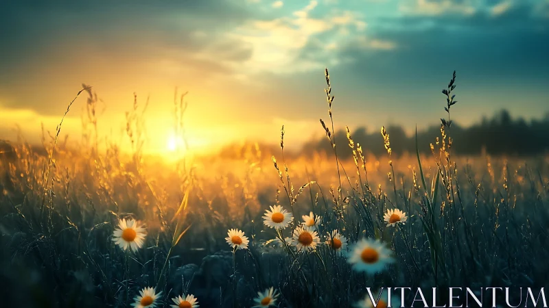 Golden sunrise washes dewy wildflower meadow in soft glow.