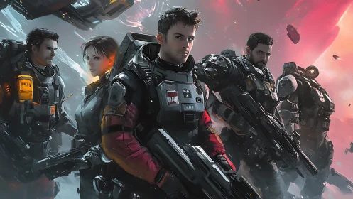 Armored space marines advance through fractured nebula battlefield