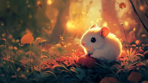 Forest-glow mouse dreaming on a tiny ember-orange treasure.