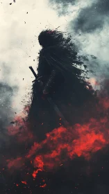 Volcanic ash wreathed dark knight silhouette in rising embers