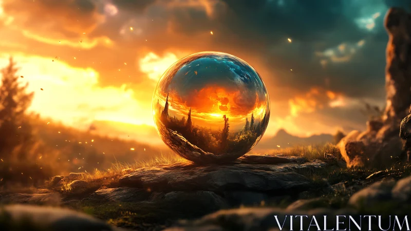 Spherical reflective object on rocky terrain at sunset.