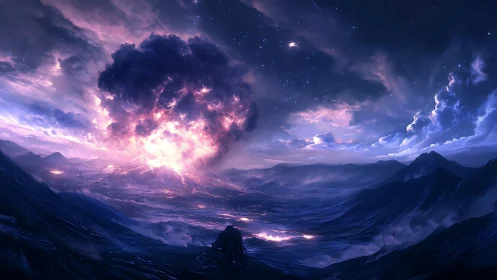 Starlit eruption over a dreamlike nocturnal valley.
