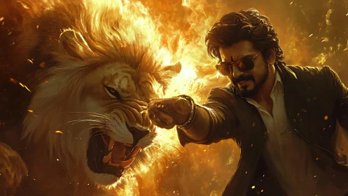 Fire-forged hero and roaring lion punch through chaos flames.