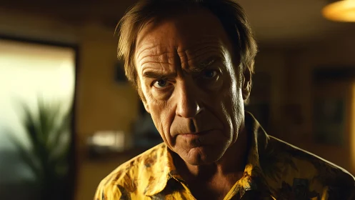 Older man in patterned shirt stares intensely into camera