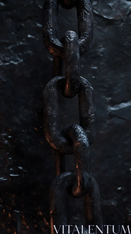 Forged steel chain links in dramatic low key lighting.