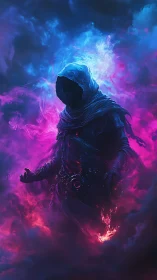 Hooded void mage emerges from neon volumetric nebula clouds