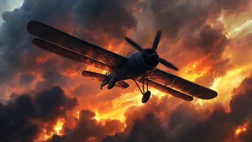 Radial‑engine biplane cutting through backlit storm clouds