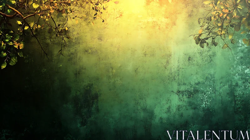 Sunlit foliage frames textured green wall gradient