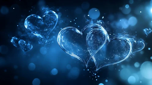 Luminescent Blue Hearts in Bokeh Particles.