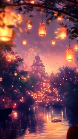 Lanterns over river leading to distant pagoda at dusk.