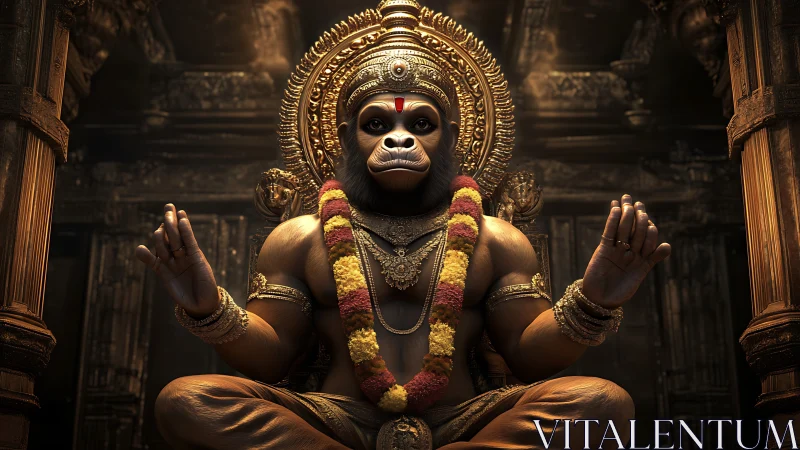 Radiant monkey deity in tranquil golden temple glow.