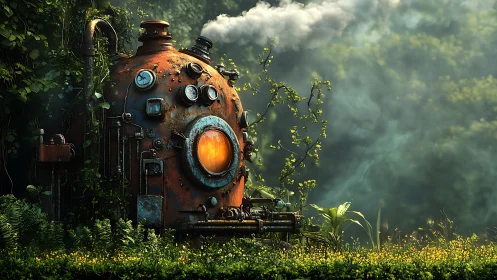 Rusted steampunk boiler glowing in lush overgrown forest.