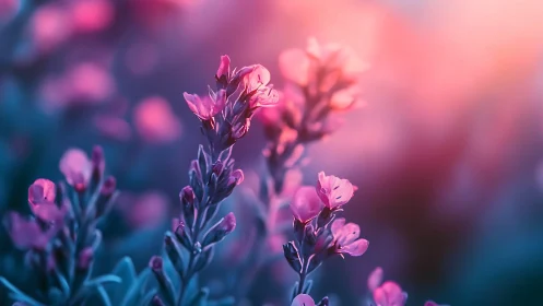 Pink flowers bloom with soft focus depth in atmospheric lighting