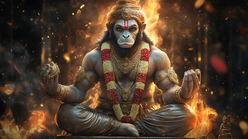 Divine simian warrior meditates amid blazing golden fire