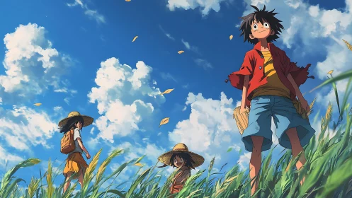 Sunlit straw-hat wanderers crossing a skywide summer meadow.