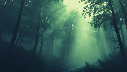 Misty Forest Path Veiled in Verdant Atmospheric Haze.