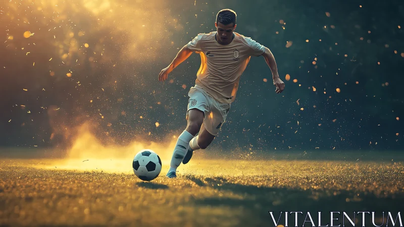 Soccer player sprinting at sunset in cinematic backlit haze