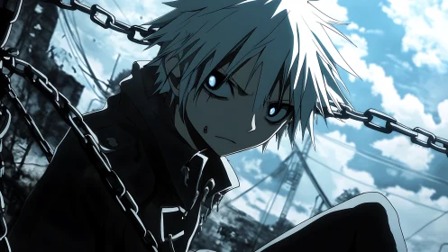 Defiant white haired fighter meets chains in a ruined sky city