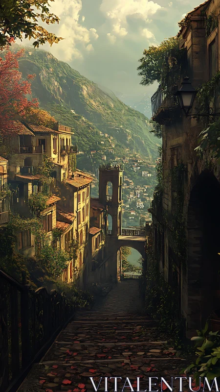 Sunlit mountain alleyway descending into misty memories.