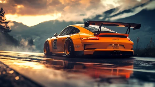 Aerodynamic orange GT3 race car accelerates on wet mountain track