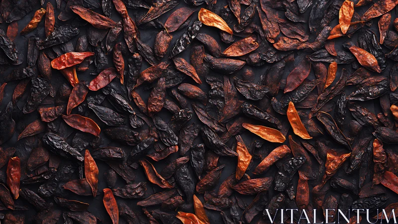 Overhead macro layout of dried red chilies with high contrast lighting