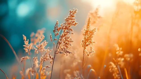 Sunlit meadow grasses glowing in soft golden morning light.