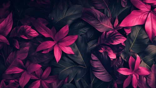 Magenta tropical foliage pattern on dark botanical background.