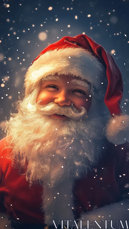 Snowlit Santa close-up glows with twinkling holiday warmth.