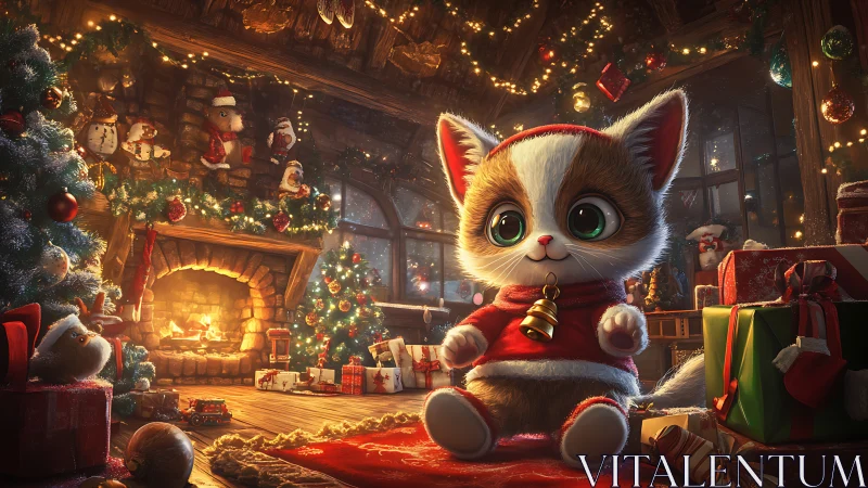 Cartoon kitten in decorated Christmas living room interior.
