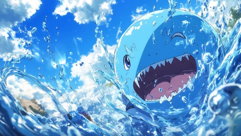 Playful cartoon shark splashes joyfully under bright skies