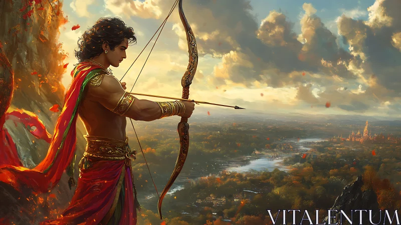 Warrior archer aims arrow over expansive river valley