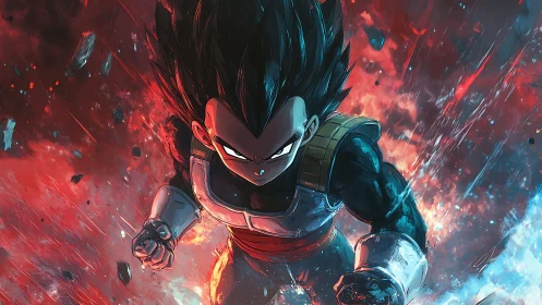 Saiyan warrior storms through cosmic fire and shattered sky.