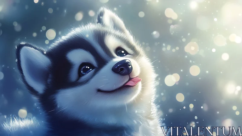 Playful husky puppy delights under dreamy winter lights.