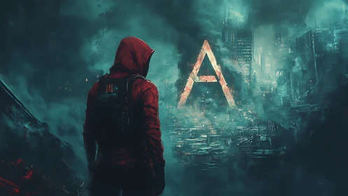 Cyberpunk hooded wanderer before luminous AI monolith.