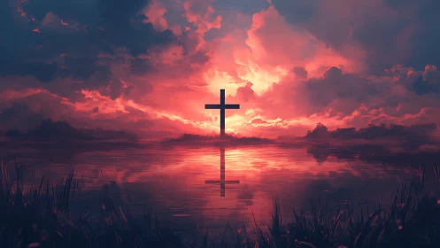 Cross glows over tranquil lake at vivid crimson sunset.