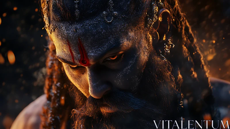 Intense warrior portrait uses molten rim light and granular soot