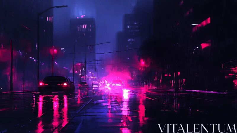 Neon rainstorm over midnight avenue in glitchy magenta haze.