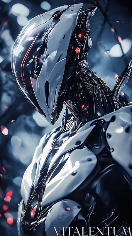 Chrome sentinel in neon forest, quietly rewriting tomorrow.