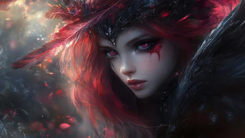 Mystic raven queen with ember-bright, spellbound gaze.