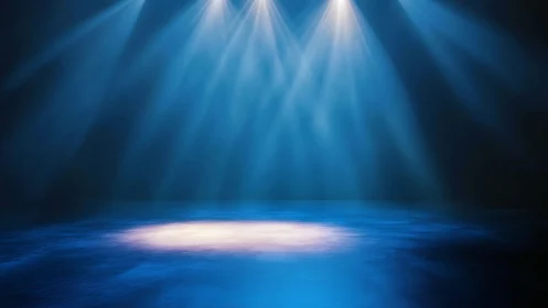 Empty stage under cool blue spotlights at center floor.