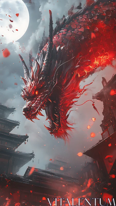 Red-scaled dragon arcs above dark city under full moon