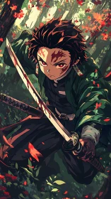 Anime warrior in bloodstained forest, dynamic action composition.