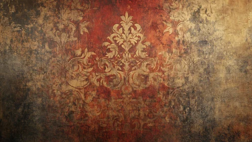 Vintage Damask Pattern on Aged Textured Wall Art Background.