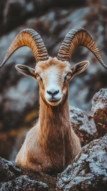 Mountain goat portrait shows curved horns and rocky habitat