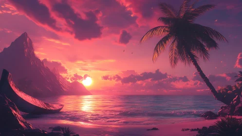 Digital sunset seascape with palm silhouette and coastal massif.