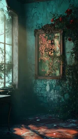 Decayed teal interior with framed floral mirror and roses.