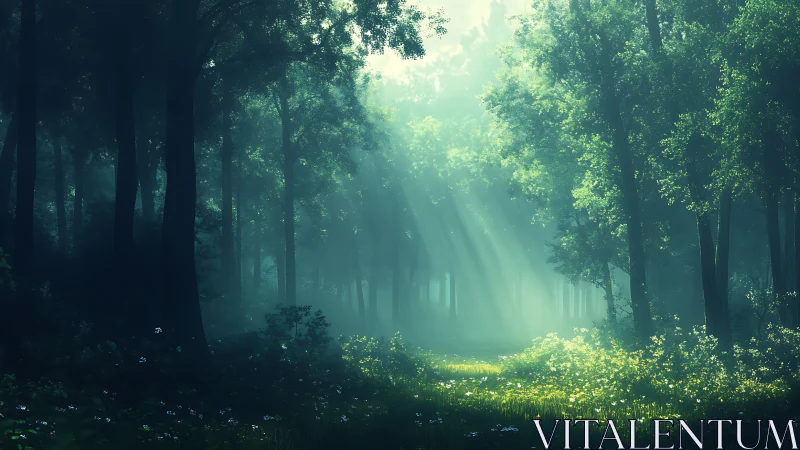 Misty forest cathedral with divine light rays.