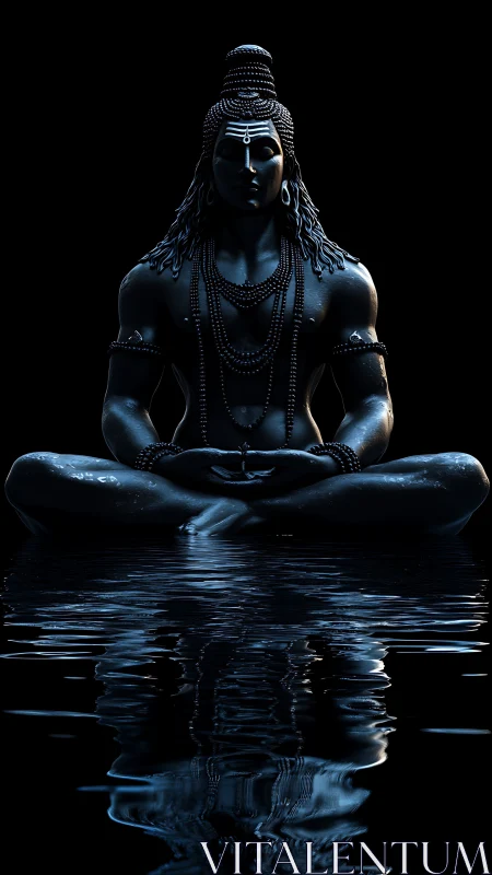 Silent blue deity rests in deep meditation above water