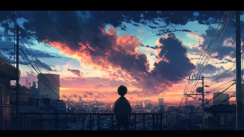 Solitary figure observing neon dusk sky above dense cityscape