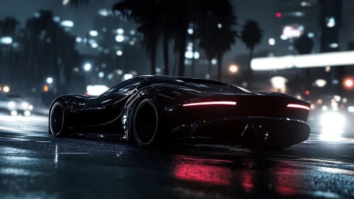 Midnight supercar glides through a rain-soaked neon city
